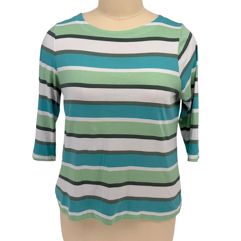 Croft & Barrow Top Teal Green Striped 3/4 Sleeve 100% Cotton XXL